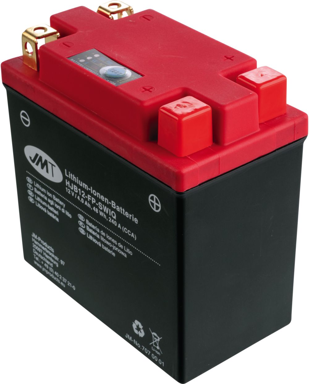 Lithium-Ionen Batterie HJB12-FP 12V 48Wh, inkl. eingebauter  Lade-Kontrollanzeige, Gewicht 0.9kg (ersetzt YB12AL-A2)