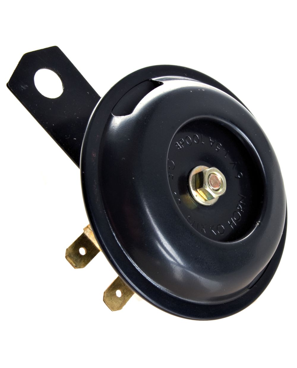 Hupe 6V 100dB, Durchmesser ca. 70mm, schwarz, mit Gummilagerung zwischen  Hupe/Halter