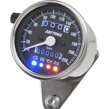 Daytona 'Mechanica II' Mini-Tachometer, 220km/h-Anzeige, 60mm Durchmesser, Edelstahlgehäuse, Ziffernblatt schwarz, 4 Kontrollleuchten, Beleuchtung, 6-12V